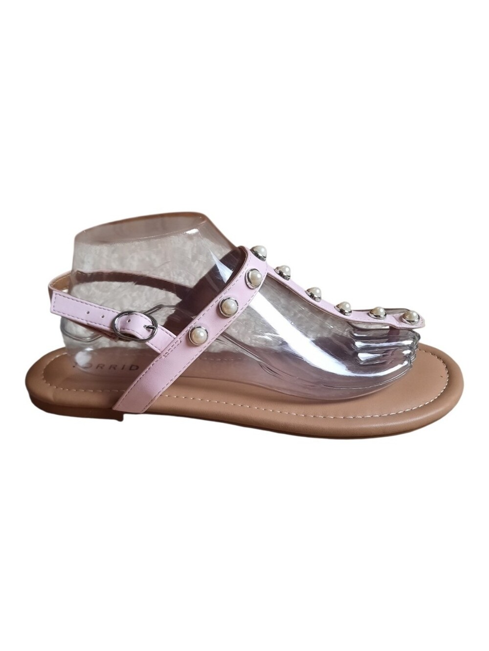 NWOT Torrid Light Pink Pearl Studded T-Strap Cushioned Flat Sandals Size 9.5WW